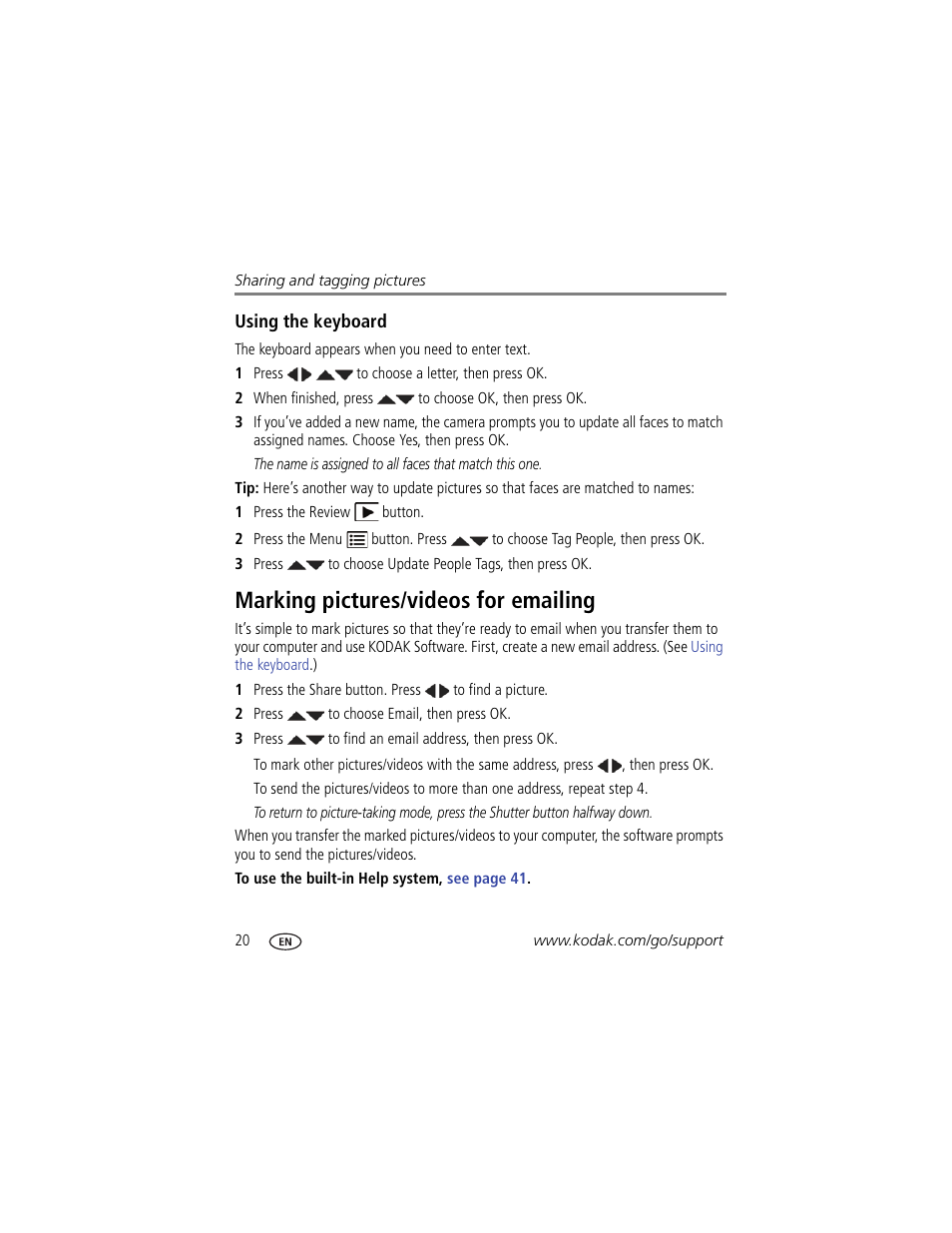 Using the keyboard, Marking pictures/videos for emailing, Using the | To add a n | Kodak M531 User Manual | Page 26 / 66