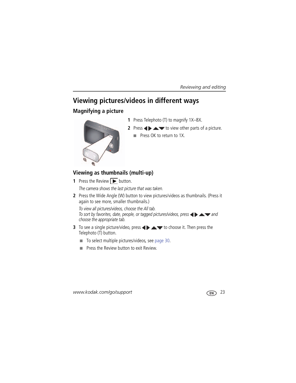 Viewing pictures/videos in different ways, Magnifying a picture, Viewing as thumbnails (multi-up) | Kodak M531 User Manual | Page 29 / 66