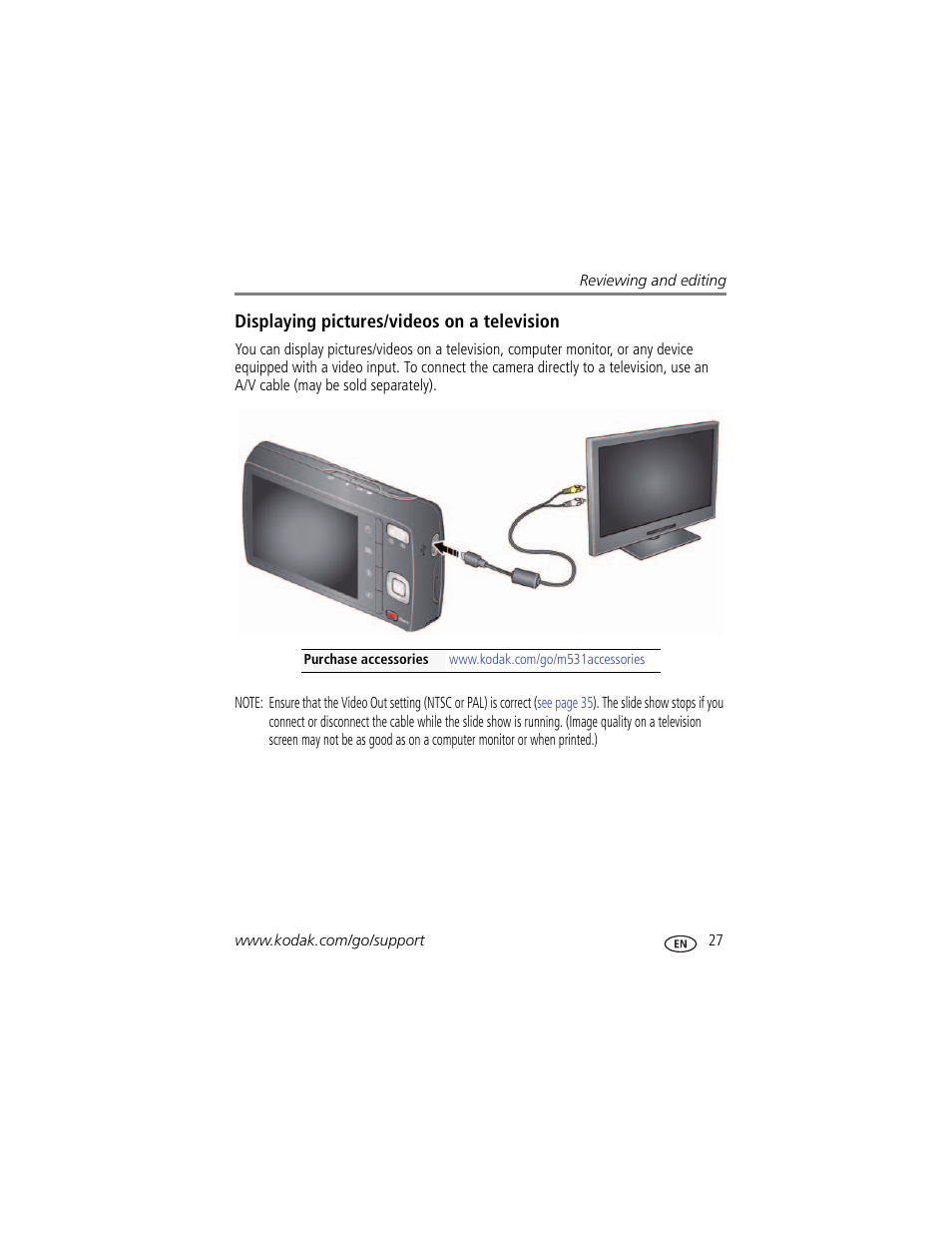 Displaying pictures/videos on a television | Kodak M531 User Manual | Page 33 / 66