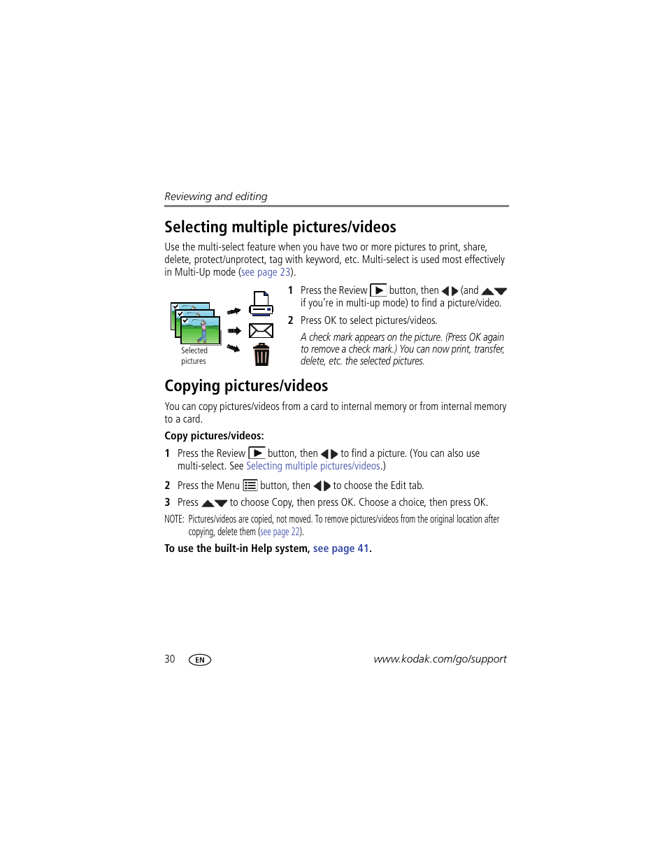 Selecting multiple pictures/videos, Copying pictures/videos | Kodak M531 User Manual | Page 36 / 66