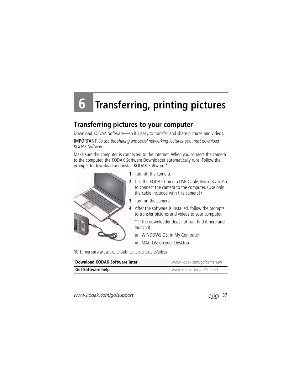 Transferring, printing pictures, Transferring pictures to your computer, 6 transferring, printing pictures | Kodak M531 User Manual | Page 43 / 66
