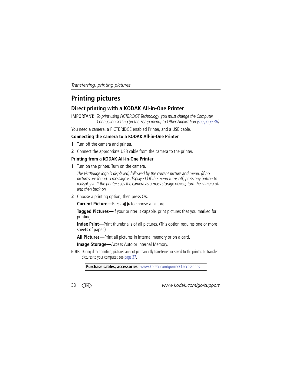 Printing pictures, Direct printing with a kodak all-in-one printer, Printing from a kodak all-in-one printer | Kodak M531 User Manual | Page 44 / 66