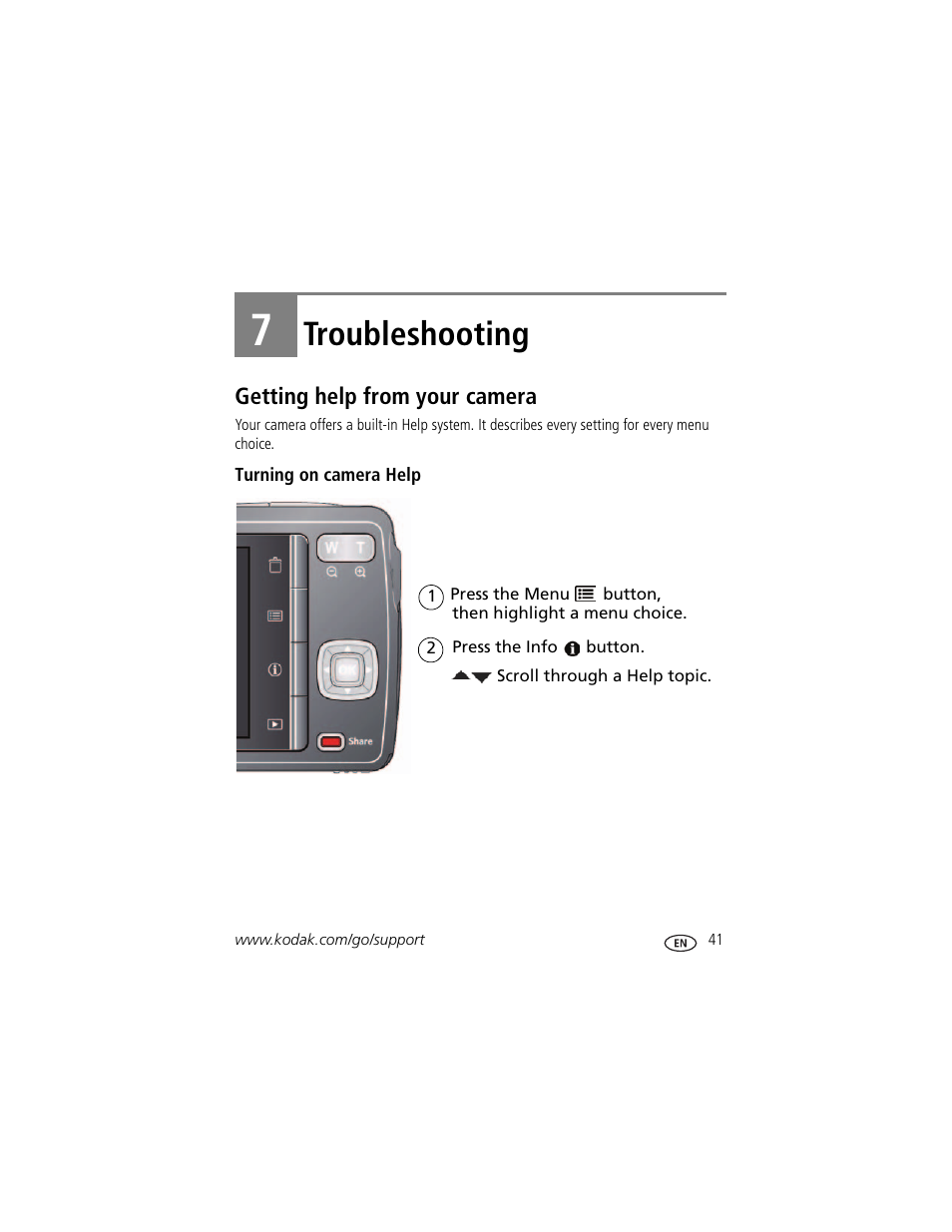 Troubleshooting, Getting help from your camera, Turning on camera help | 7 troubleshooting, System | Kodak M531 User Manual | Page 47 / 66