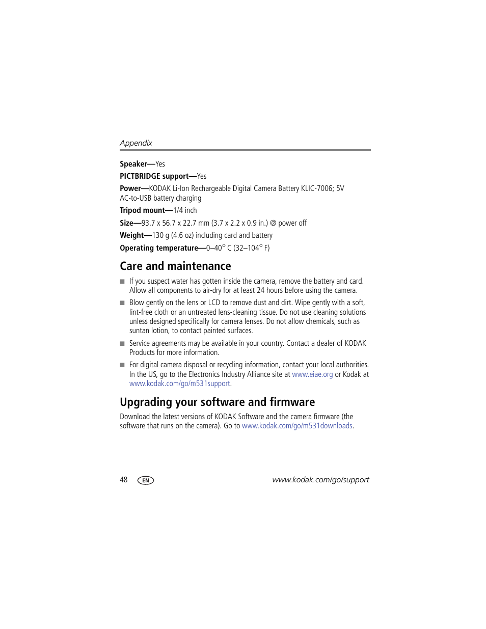 Care and maintenance, Upgrading your software and firmware, The lens | Kodak M531 User Manual | Page 54 / 66