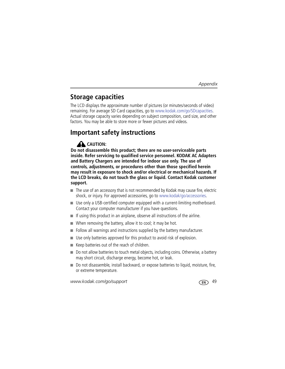 Storage capacities, Important safety instructions, Storage capacities important safety instructions | Kodak M531 User Manual | Page 55 / 66