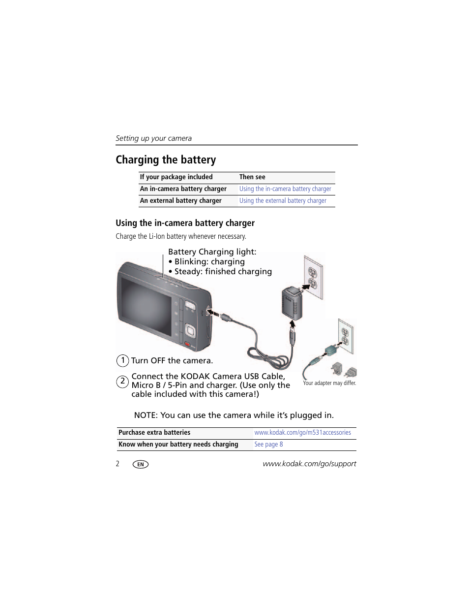 Charging the battery, Using the in-camera battery charger | Kodak M531 User Manual | Page 8 / 66