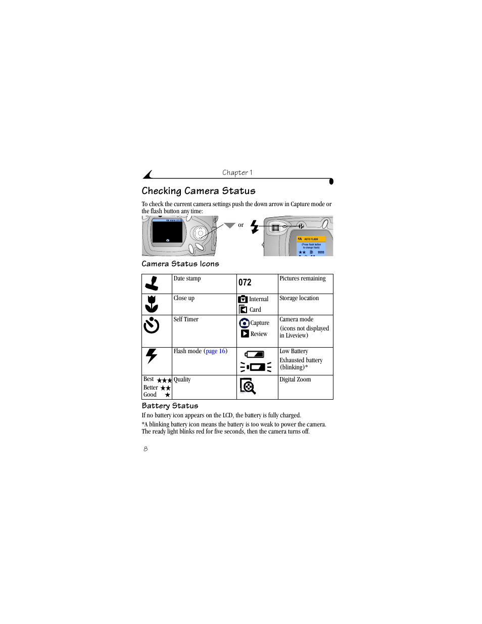 Checking camera status, Camera status icons, Battery status | Kodak CX4210 User Manual | Page 16 / 106