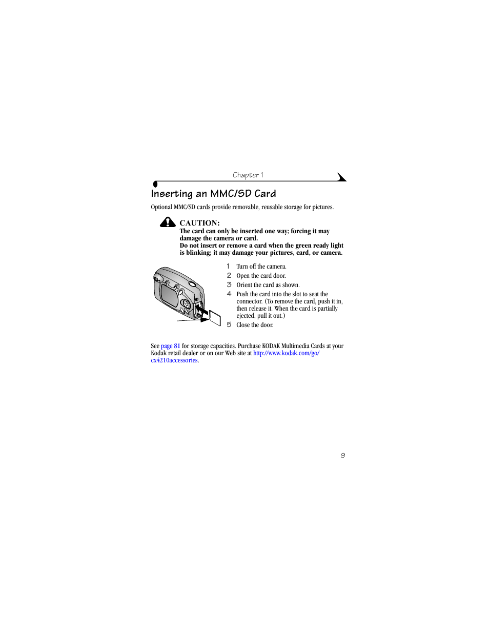 Inserting an mmc/sd card | Kodak CX4210 User Manual | Page 17 / 106