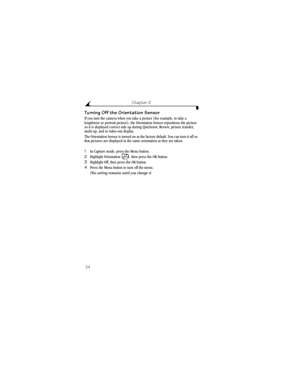 Turning off the orientation sensor | Kodak CX4210 User Manual | Page 32 / 106