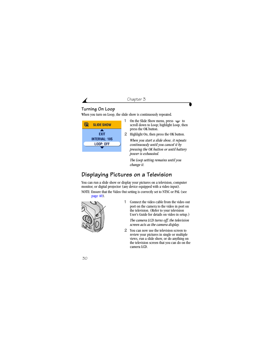 Turning on loop, Displaying pictures on a television | Kodak CX4210 User Manual | Page 38 / 106