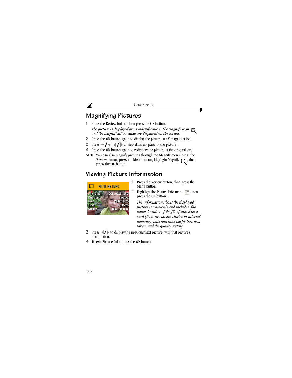 Magnifying pictures, Viewing picture information, Magnifying pictures viewing picture information | Kodak CX4210 User Manual | Page 40 / 106