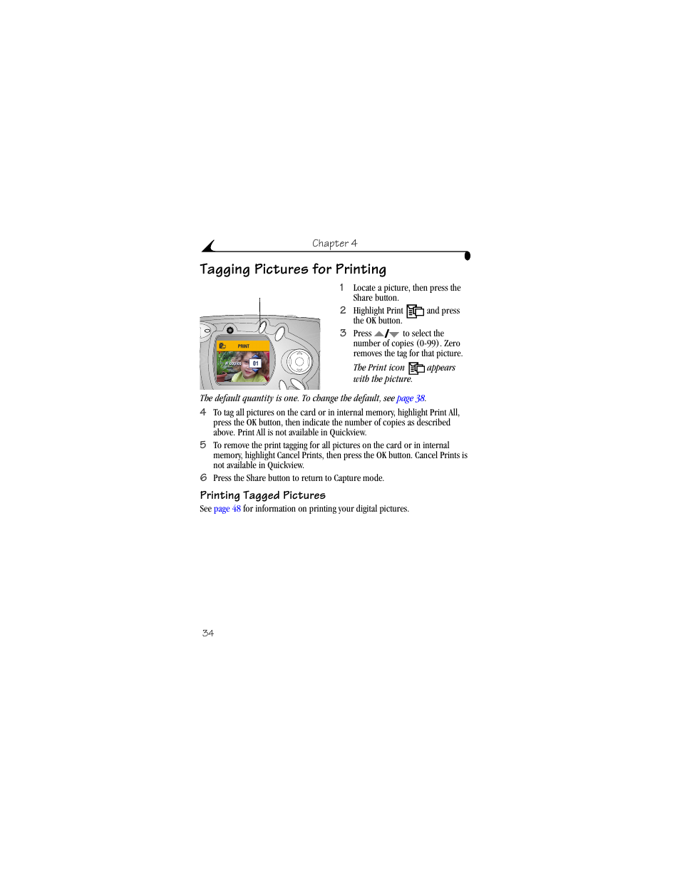 Tagging pictures for printing, Printing tagged pictures | Kodak CX4210 User Manual | Page 42 / 106
