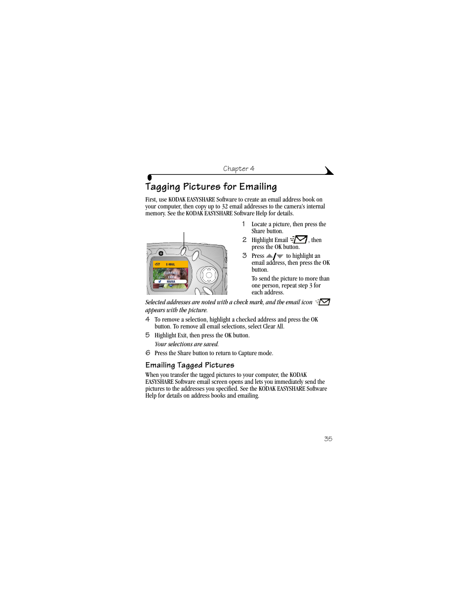 Tagging pictures for emailing, Emailing tagged pictures | Kodak CX4210 User Manual | Page 43 / 106
