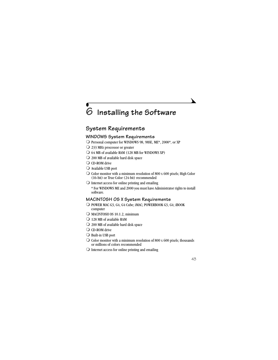 6 installing the software, System requirements, Windows system requirements | Macintosh os x system requirements, Installing the software | Kodak CX4210 User Manual | Page 51 / 106