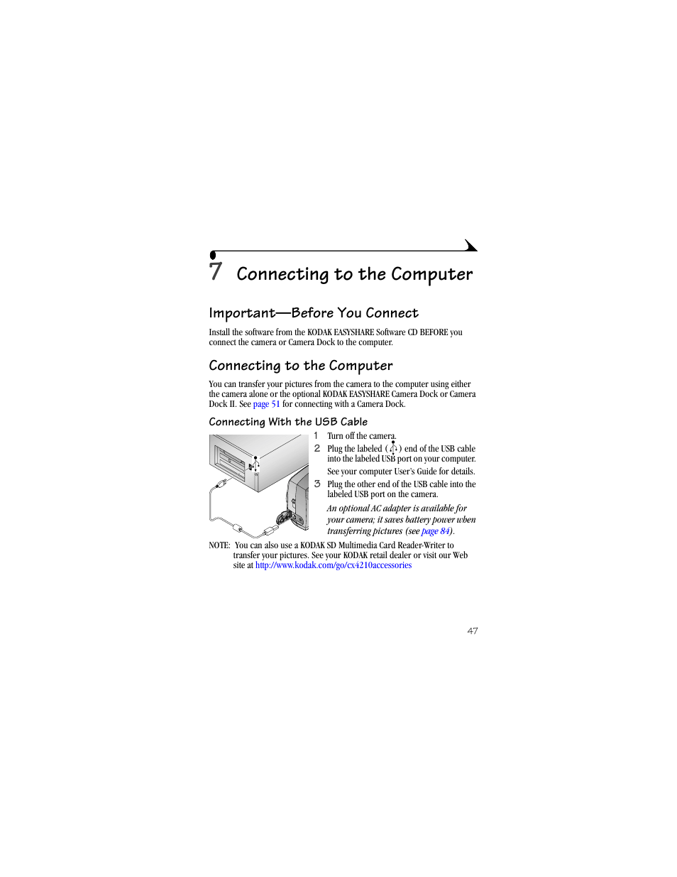 7 connecting to the computer, Important—before you connect, Connecting to the computer | Connecting with the usb cable | Kodak CX4210 User Manual | Page 55 / 106