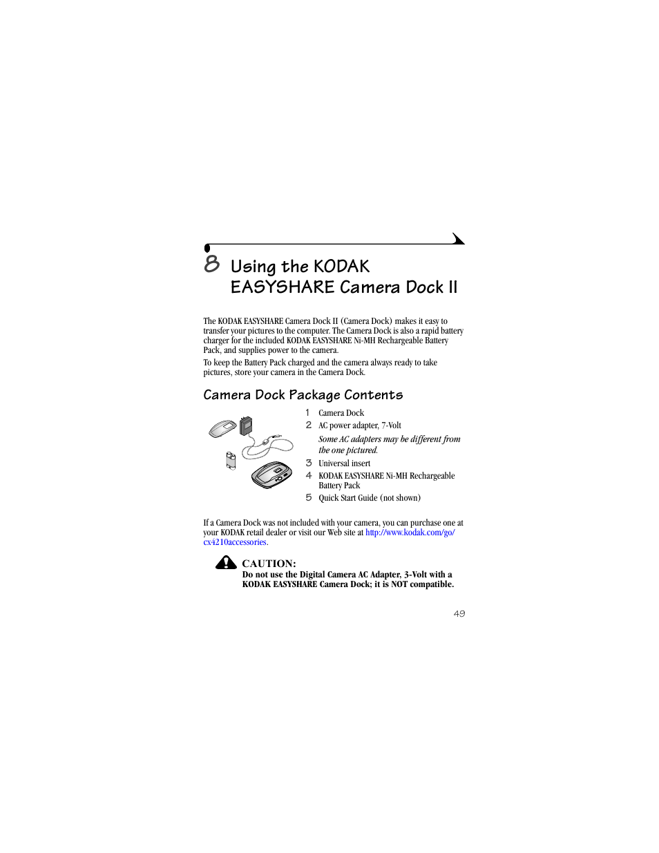 8 using the kodak easyshare camera dock ii, Camera dock package contents, Using the kodak easyshare camera dock ii | Kodak CX4210 User Manual | Page 57 / 106