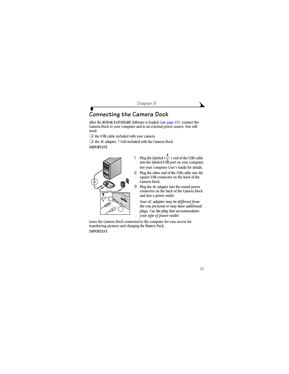 Connecting the camera dock | Kodak CX4210 User Manual | Page 59 / 106