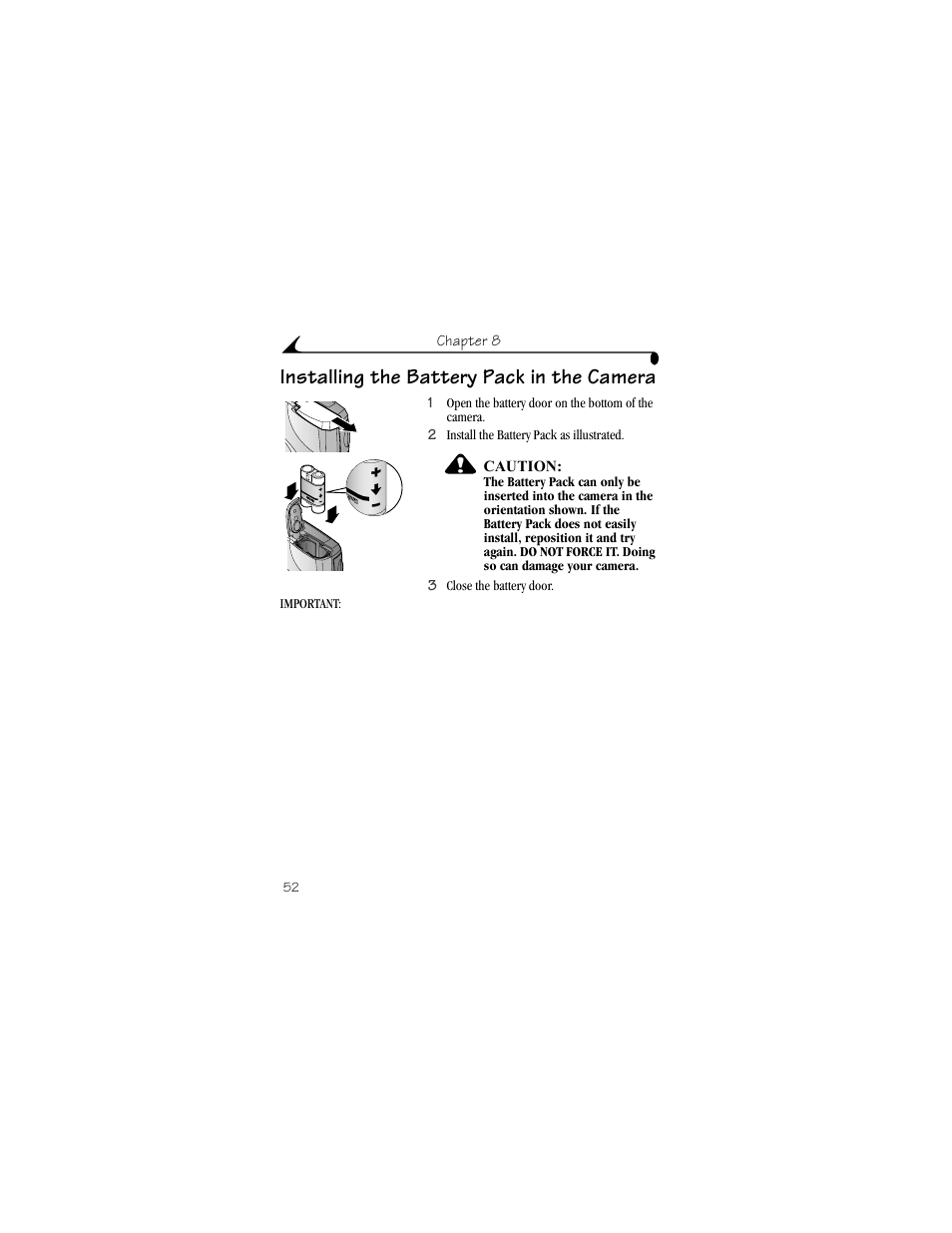 Installing the battery pack in the camera | Kodak CX4210 User Manual | Page 60 / 106