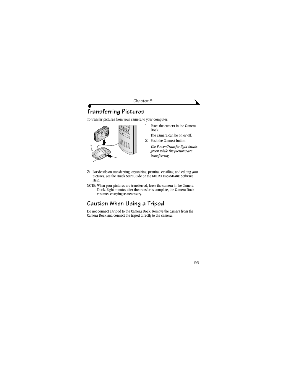 Transferring pictures, Caution when using a tripod | Kodak CX4210 User Manual | Page 63 / 106