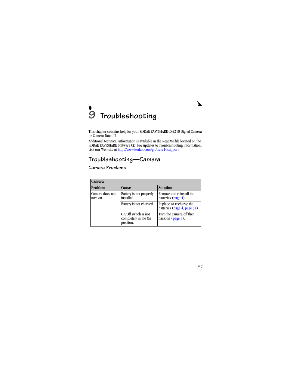 9 troubleshooting, Troubleshooting—camera, Camera problems | Troubleshooting | Kodak CX4210 User Manual | Page 65 / 106