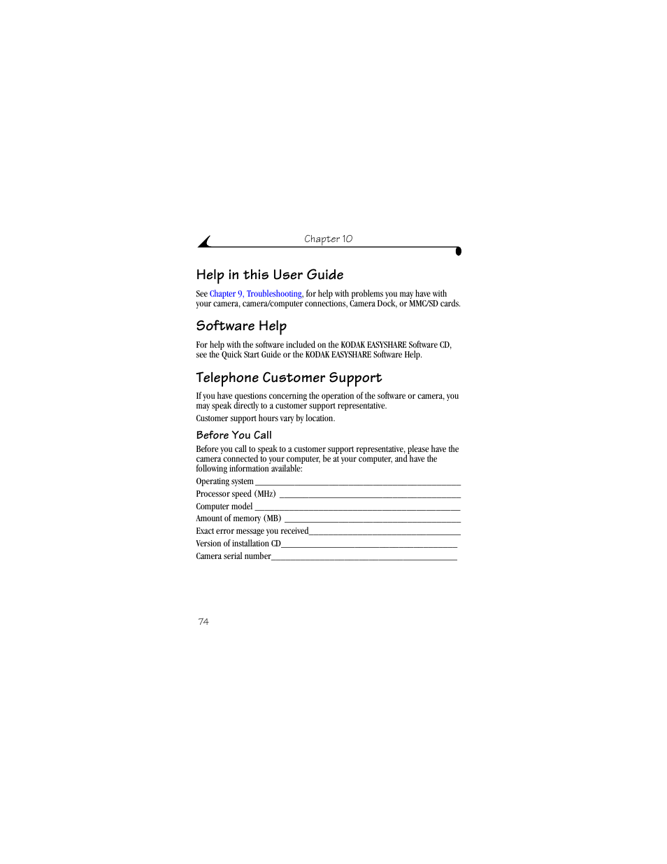Help in this user guide, Software help, Telephone customer support | Before you call | Kodak CX4210 User Manual | Page 82 / 106