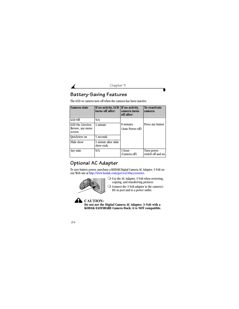 Battery-saving features, Optional ac adapter, Battery-saving features optional ac adapter | Sferring pictures (see | Kodak CX4210 User Manual | Page 92 / 106
