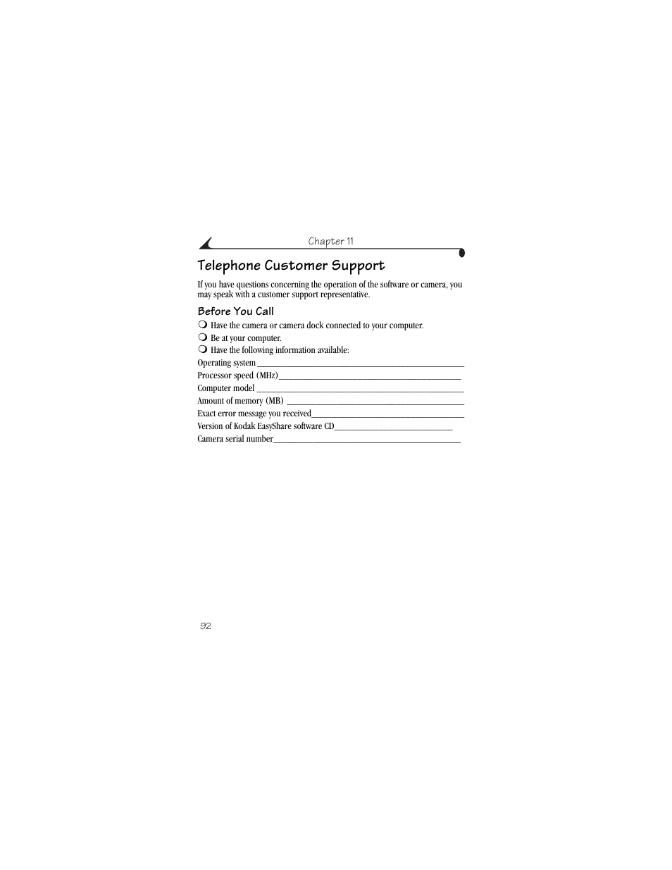 Telephone customer support, Before you call | Kodak CX6230 User Manual | Page 104 / 126
