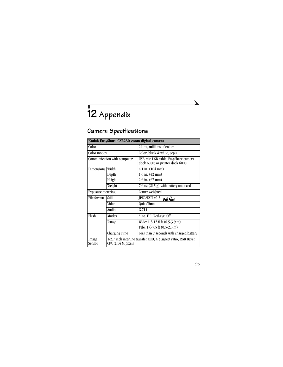 12 appendix, Camera specifications, Appendix | Kodak CX6230 User Manual | Page 107 / 126