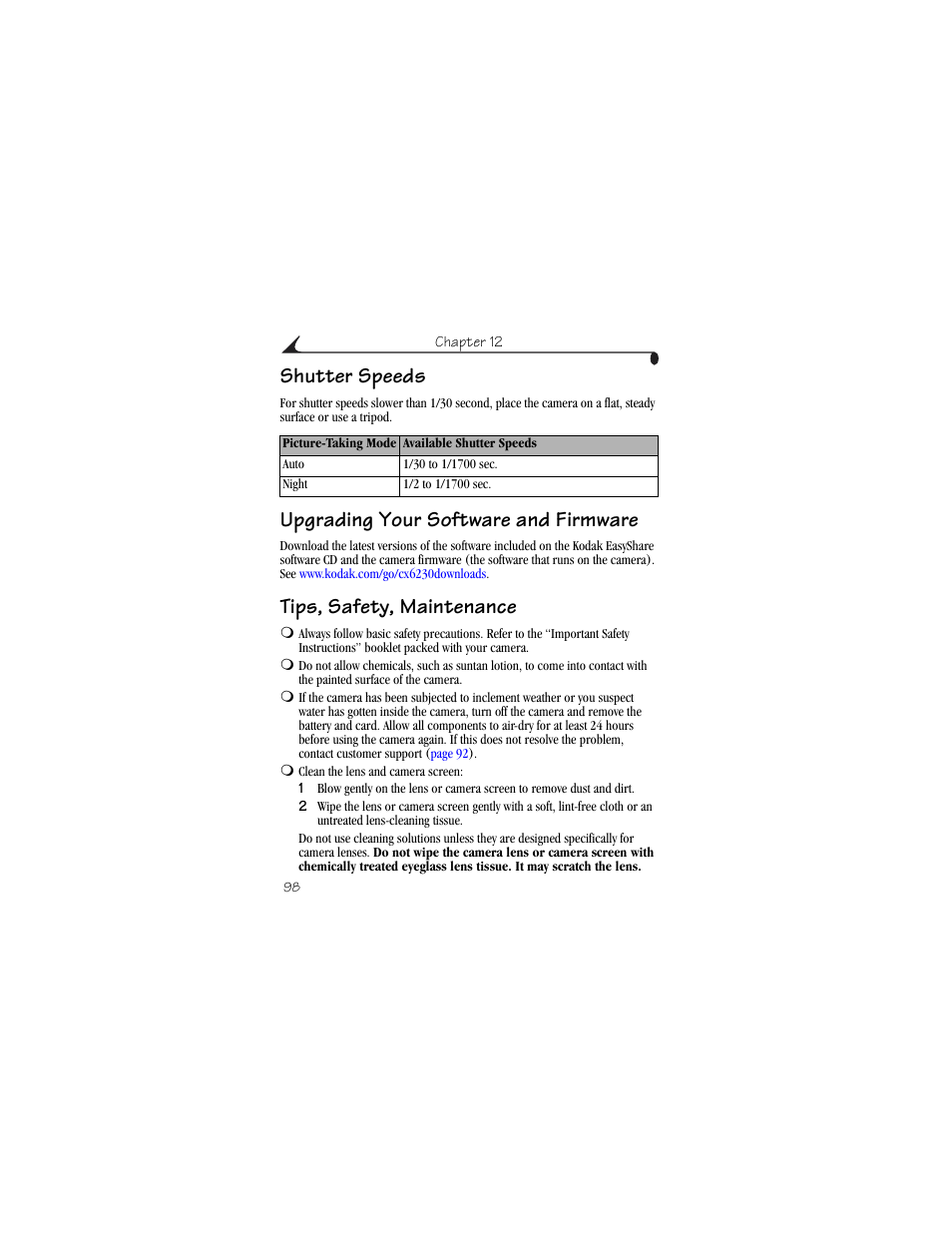Shutter speeds, Upgrading your software and firmware, Tips, safety, maintenance | Kodak CX6230 User Manual | Page 110 / 126