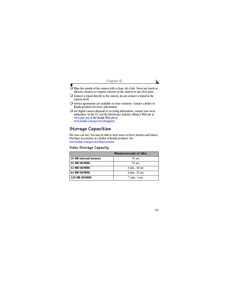Storage capacities, Video storage capacity | Kodak CX6230 User Manual | Page 111 / 126