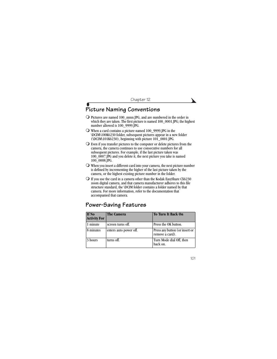 Picture naming conventions, Power-saving features, Picture naming conventions power-saving features | Kodak CX6230 User Manual | Page 113 / 126