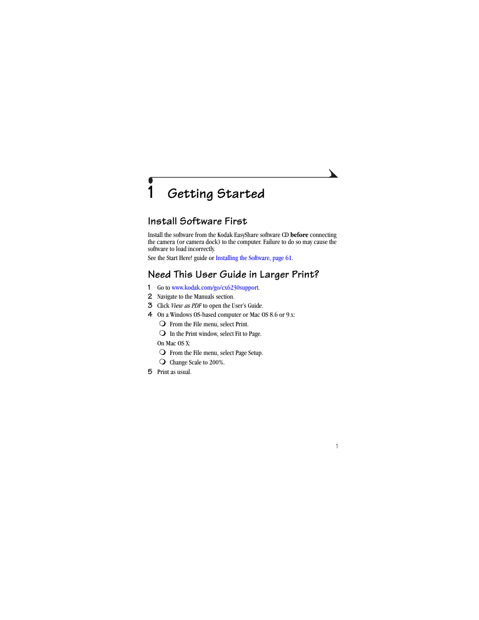 1 getting started, Install software first, Need this user guide in larger print | Getting started | Kodak CX6230 User Manual | Page 13 / 126