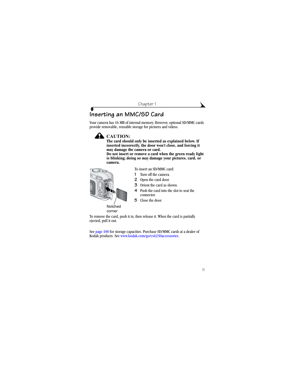 Inserting an mmc/sd card | Kodak CX6230 User Manual | Page 23 / 126