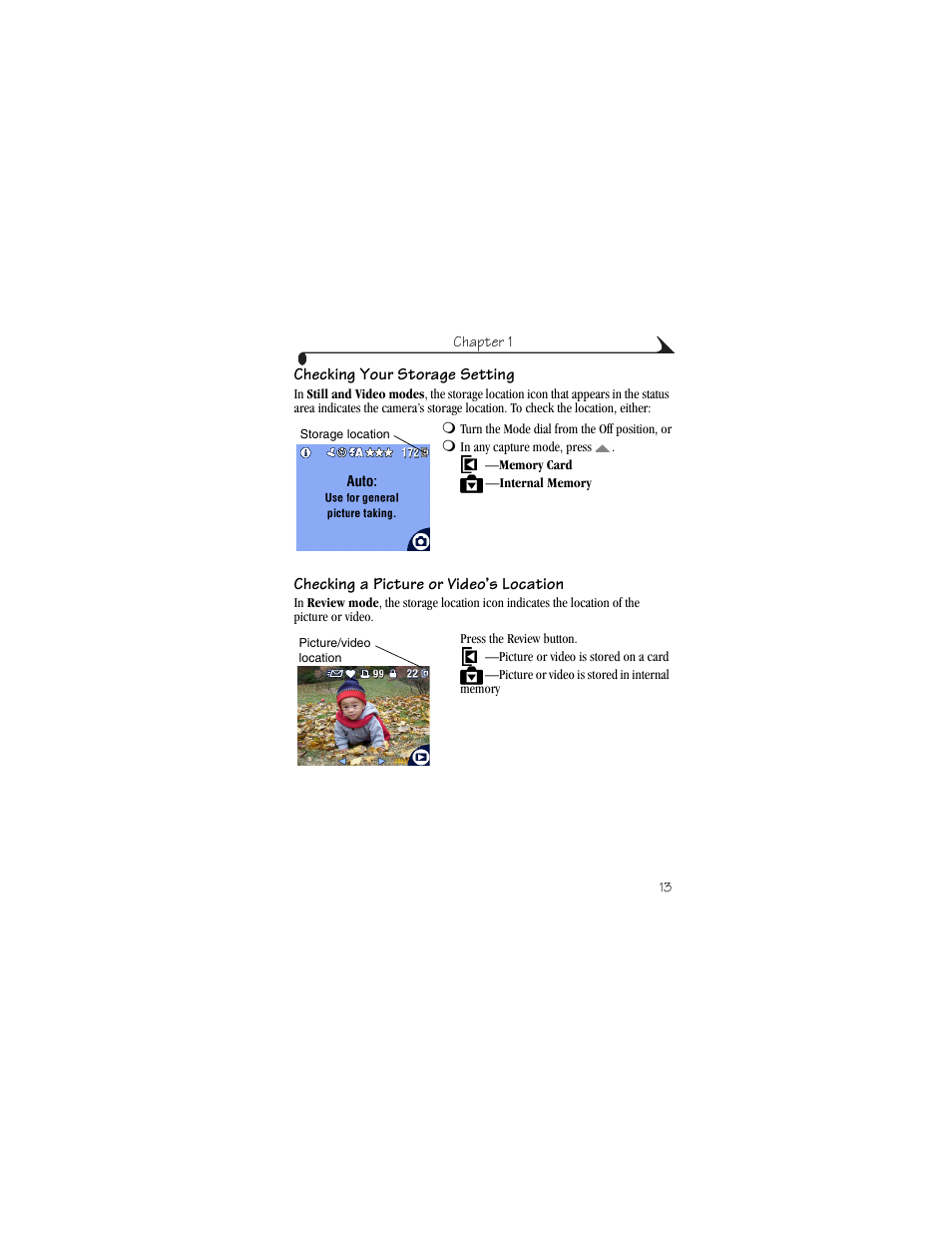 Checking your storage setting, Checking a picture or video’s location | Kodak CX6230 User Manual | Page 25 / 126