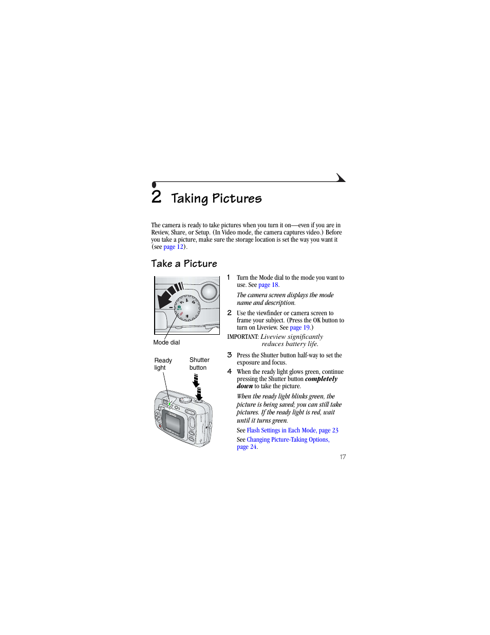 2 taking pictures, Take a picture, Taking pictures | Kodak CX6230 User Manual | Page 29 / 126