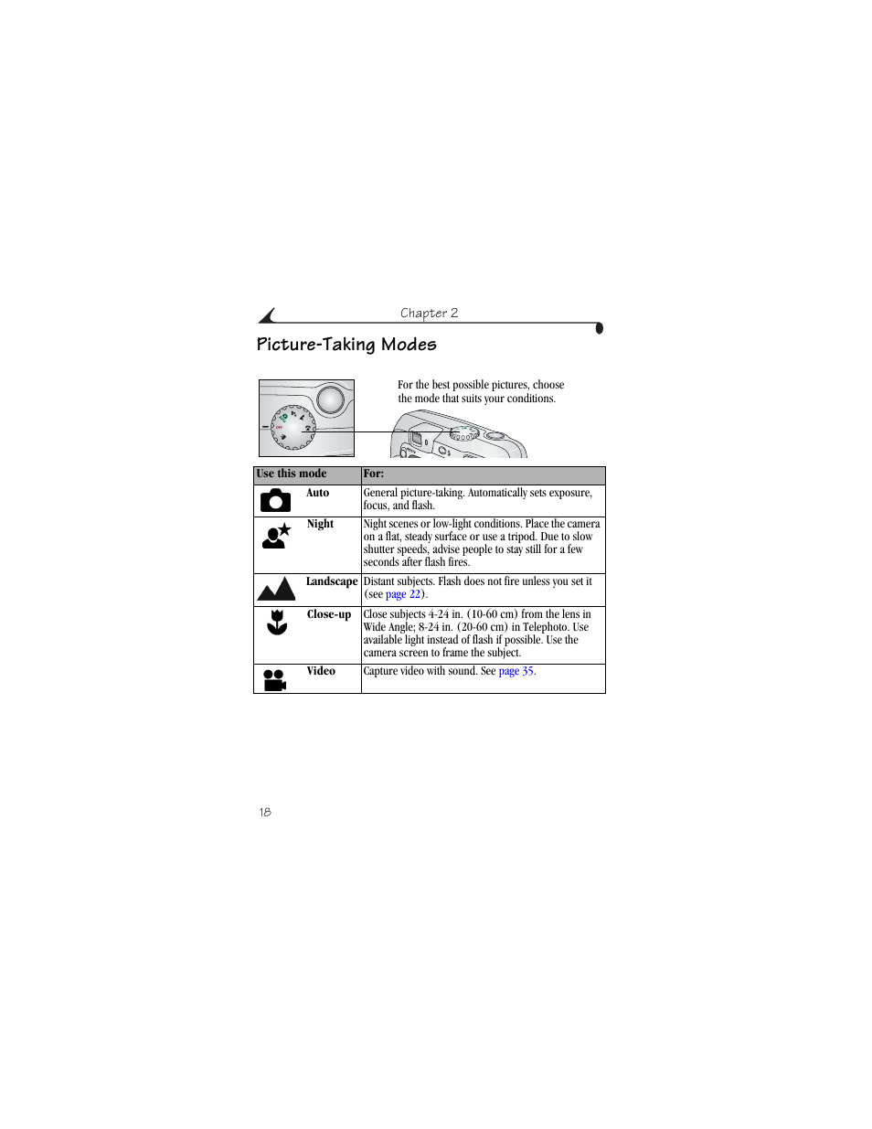 Picture-taking modes | Kodak CX6230 User Manual | Page 30 / 126