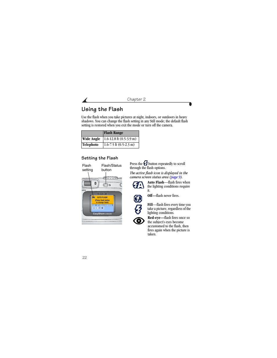 Using the flash, Setting the flash | Kodak CX6230 User Manual | Page 34 / 126