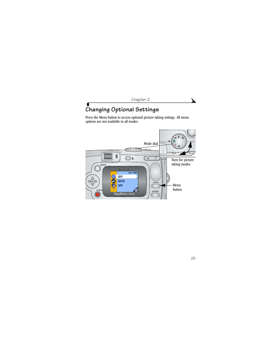 Changing optional settings | Kodak CX6230 User Manual | Page 37 / 126