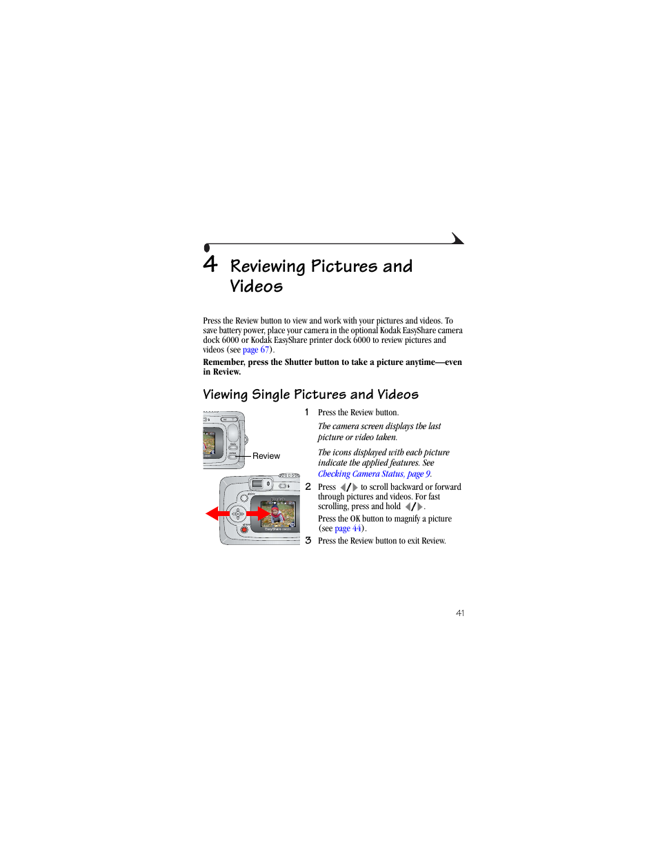 4 reviewing pictures and videos, Viewing single pictures and videos, Reviewing pictures and videos | Kodak CX6230 User Manual | Page 53 / 126