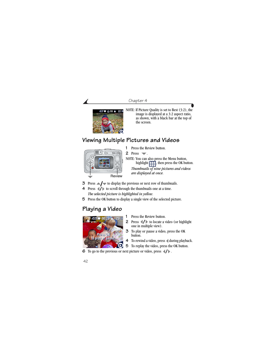 Viewing multiple pictures and videos, Playing a video | Kodak CX6230 User Manual | Page 54 / 126