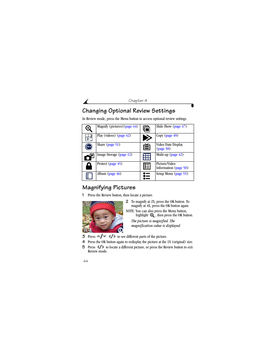 Changing optional review settings, Magnifying pictures, Formatting internal memory or sd/mmc card | Kodak CX6230 User Manual | Page 56 / 126