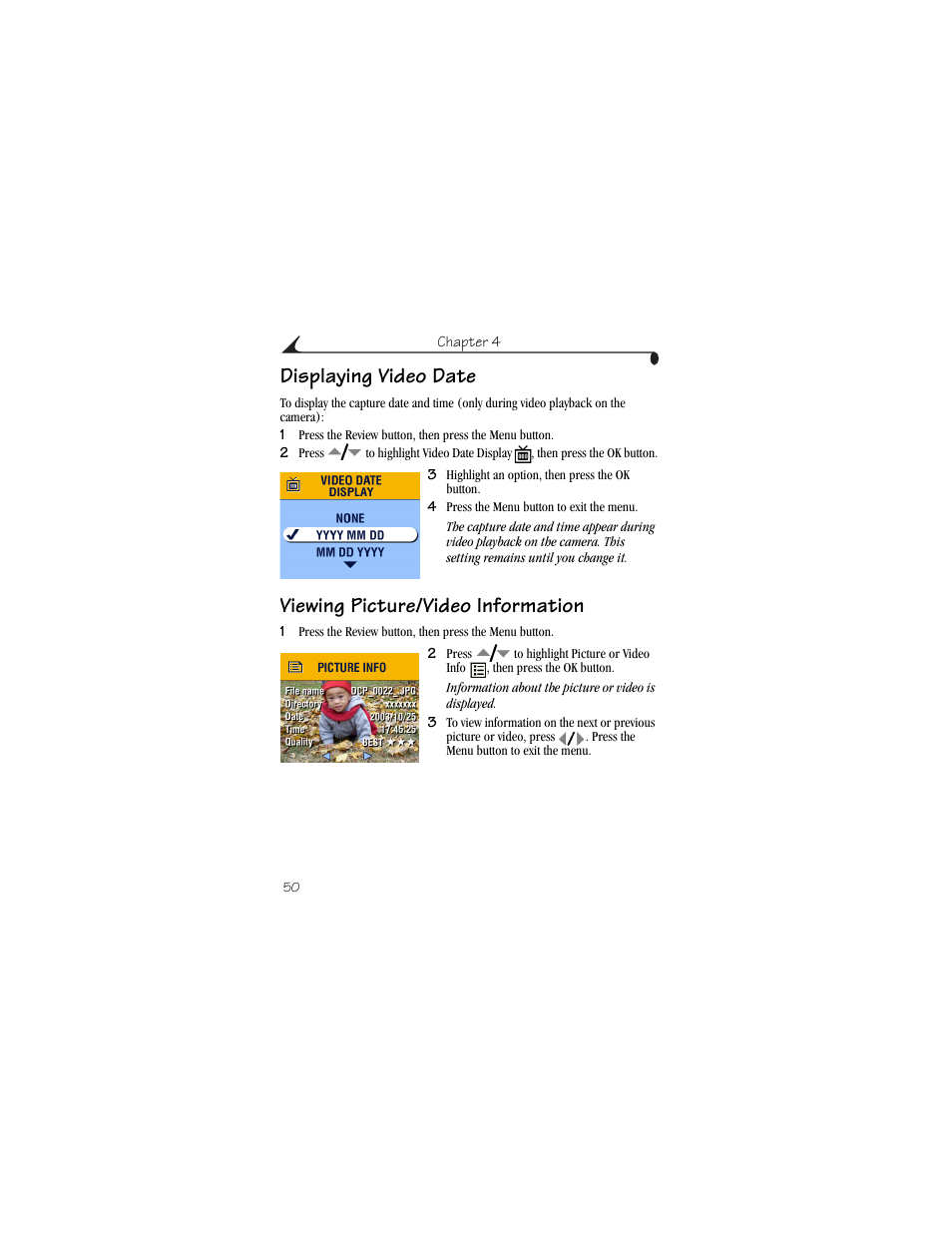 Displaying video date, Viewing picture/video information | Kodak CX6230 User Manual | Page 62 / 126
