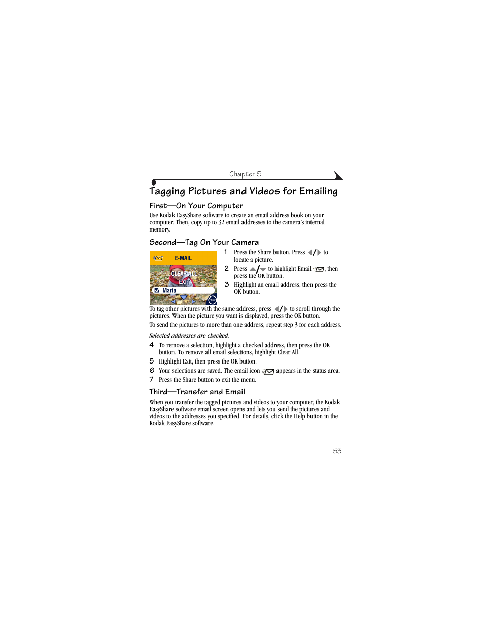 Tagging pictures and videos for emailing, First—on your computer, Second—tag on your camera | Third—transfer and email | Kodak CX6230 User Manual | Page 65 / 126
