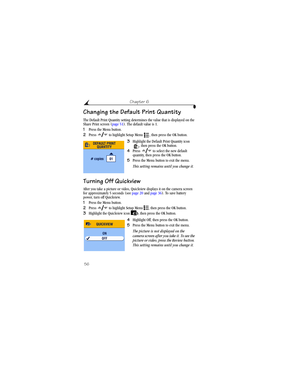 Changing the default print quantity, Turning off quickview | Kodak CX6230 User Manual | Page 68 / 126