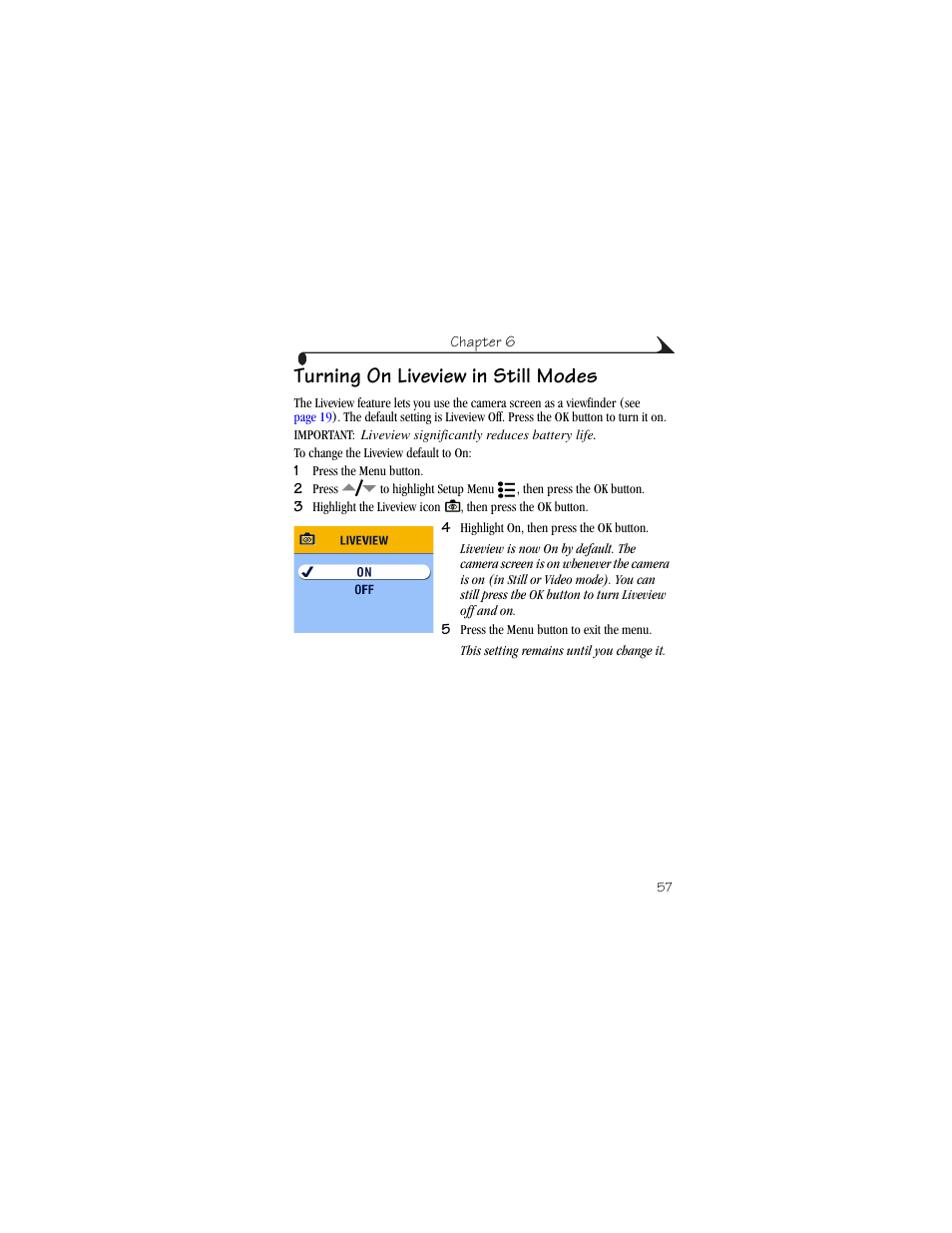 Turning on liveview in still modes | Kodak CX6230 User Manual | Page 69 / 126