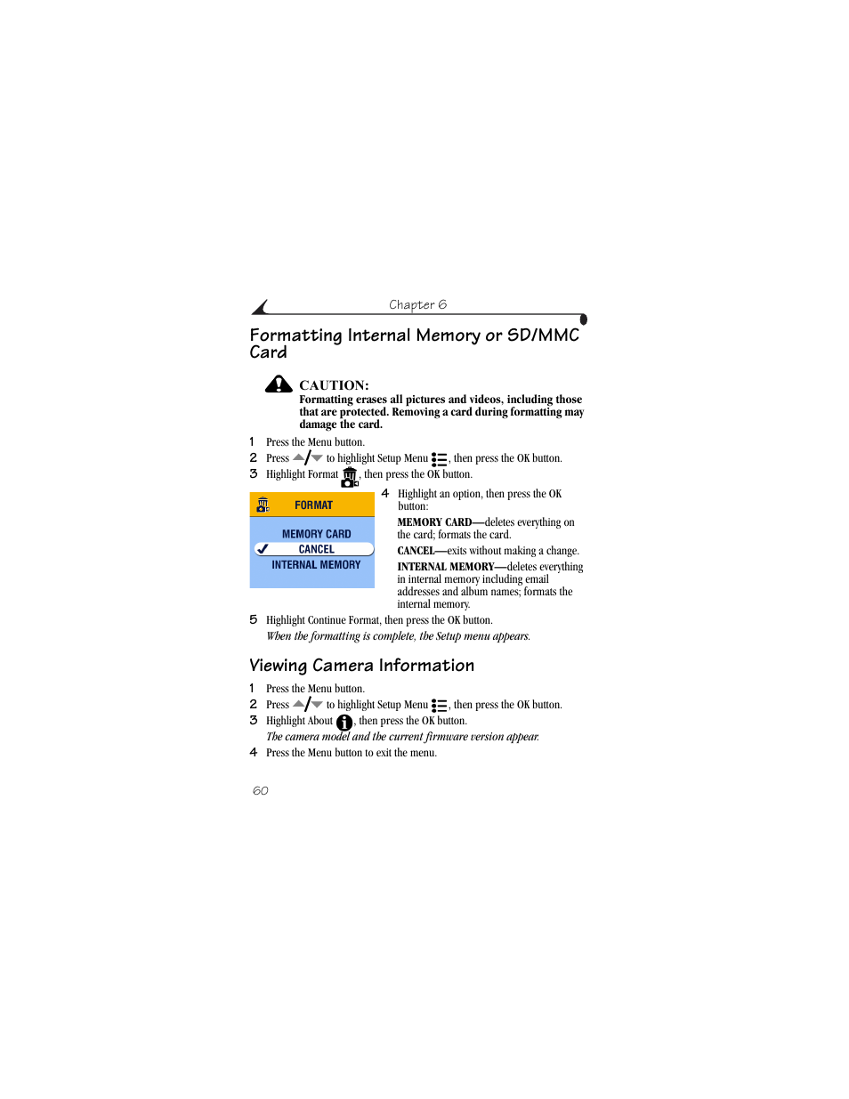 Formatting internal memory or sd/mmc card, Viewing camera information, 0 viewing camera information | Kodak CX6230 User Manual | Page 72 / 126