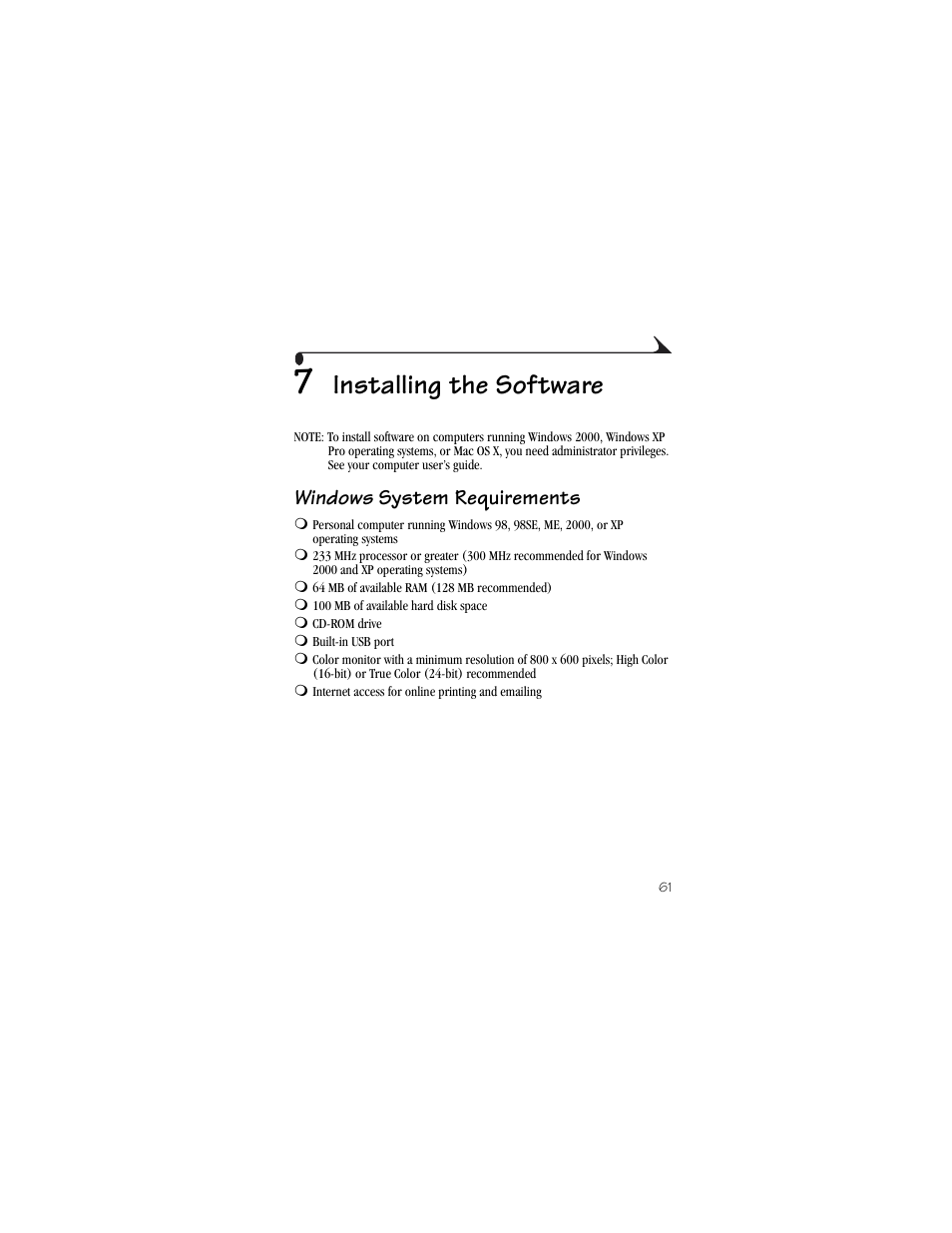 7 installing the software, Windows, Windows system requirements | Installing the software | Kodak CX6230 User Manual | Page 73 / 126