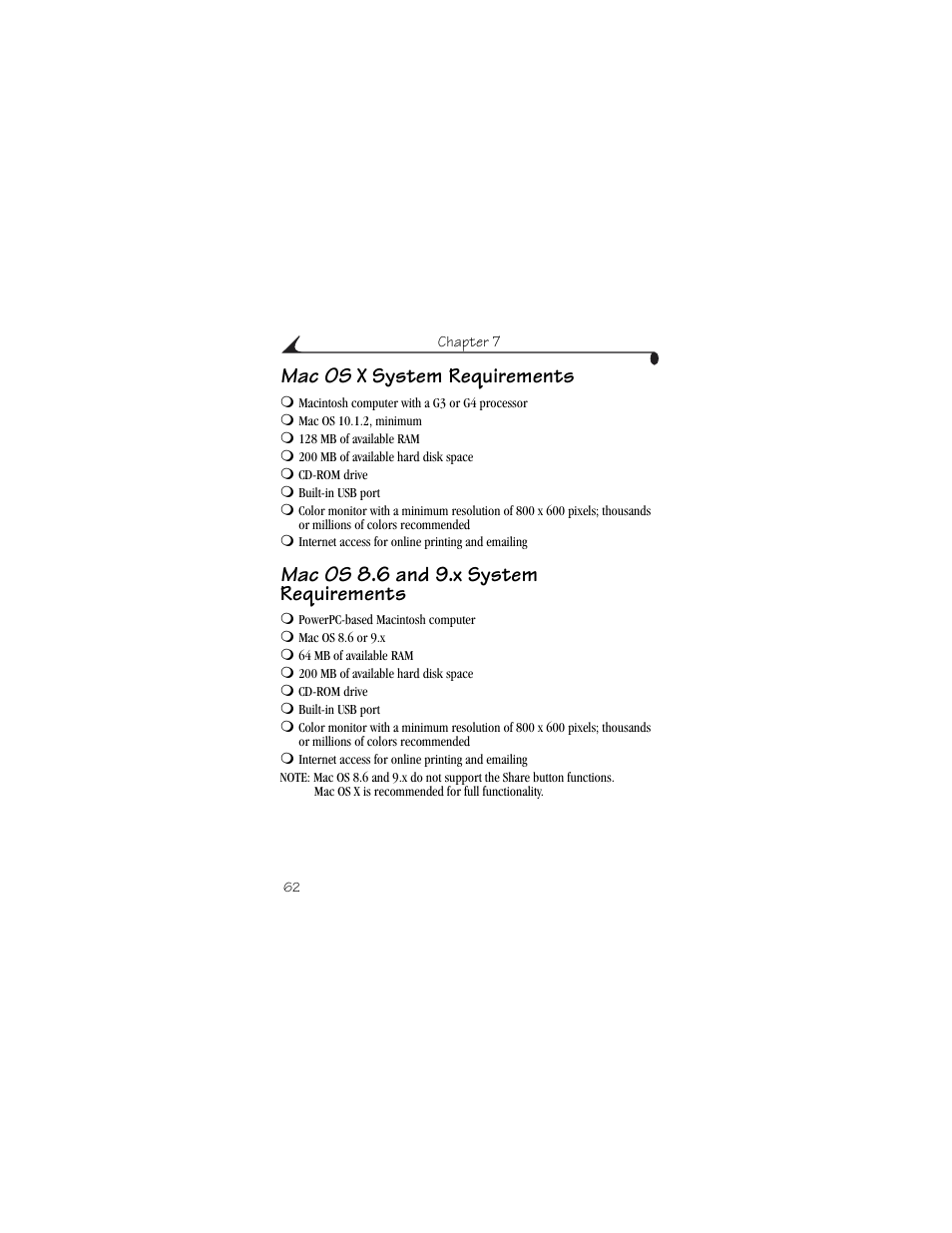 Mac os, Mac os x system requirements, Mac os 8.6 and 9.x system requirements | Kodak CX6230 User Manual | Page 74 / 126