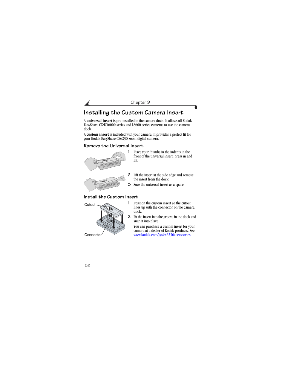 Installing the custom camera insert, Remove the universal insert, Install the custom insert | Kodak CX6230 User Manual | Page 80 / 126