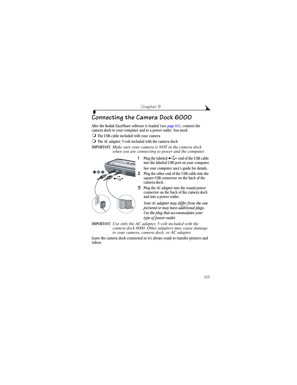 Connecting the camera dock 6000 | Kodak CX6230 User Manual | Page 81 / 126